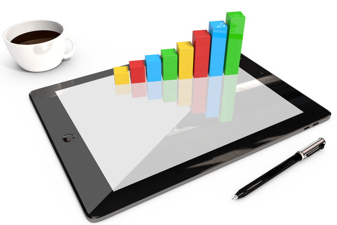 3D Bar Graph on Digital Tablet with Coffee and Pen Transparent Background
