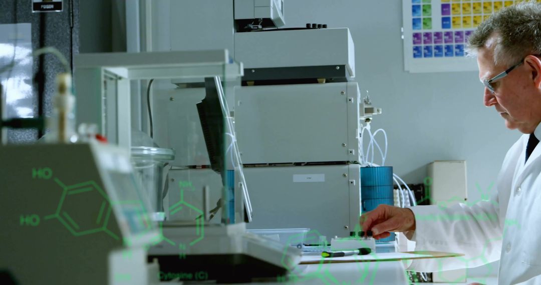 Scientist Working on Computer with Chemical Formula Overlay