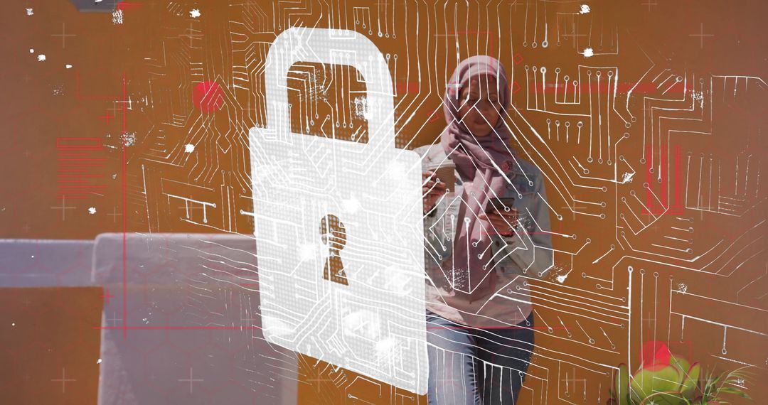 Woman with Headscarf Using Smartphone amid Cybersecurity Graphic