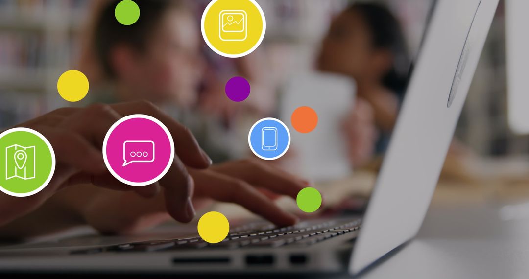 Person Using Laptop with Digital Network Icon Overlays