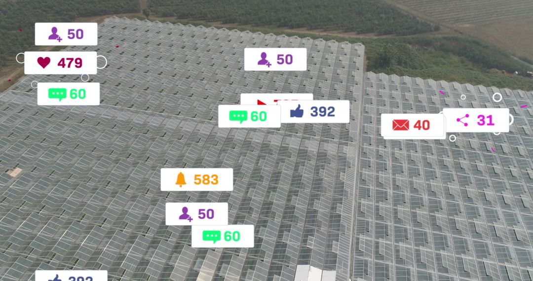 Social Media Icons Floating Over Solar Panels with Grassland