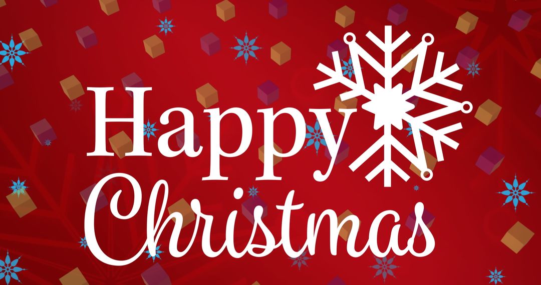 Bright Happy Christmas Greeting Card with Snowflake and Gift Boxes