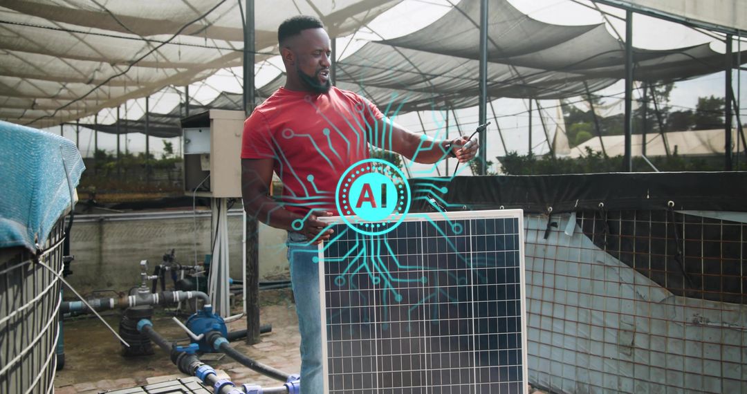 Technician checking solar panel with smartphone in shadehouse irrigation system