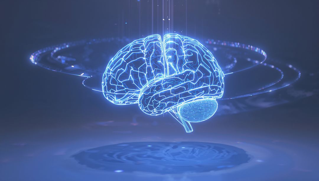 Floating Neon Wireframe Brain with Digital Rings, Data Beams and Futuristic AI Glow