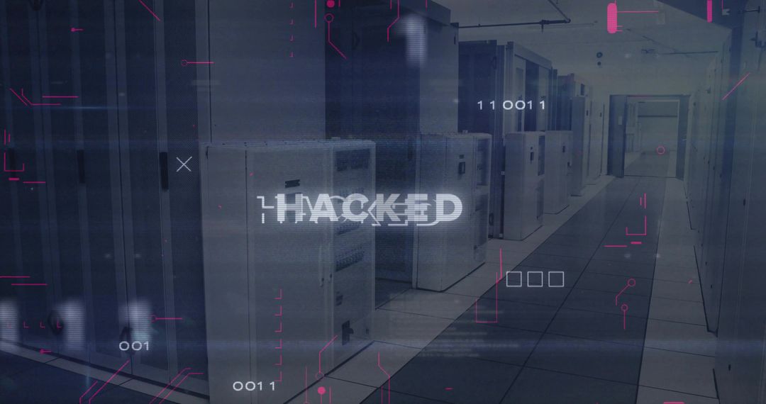 Hacked Data Center Corridor with Glitch HUD Overlay and Cybersecurity Breach Visual Concept