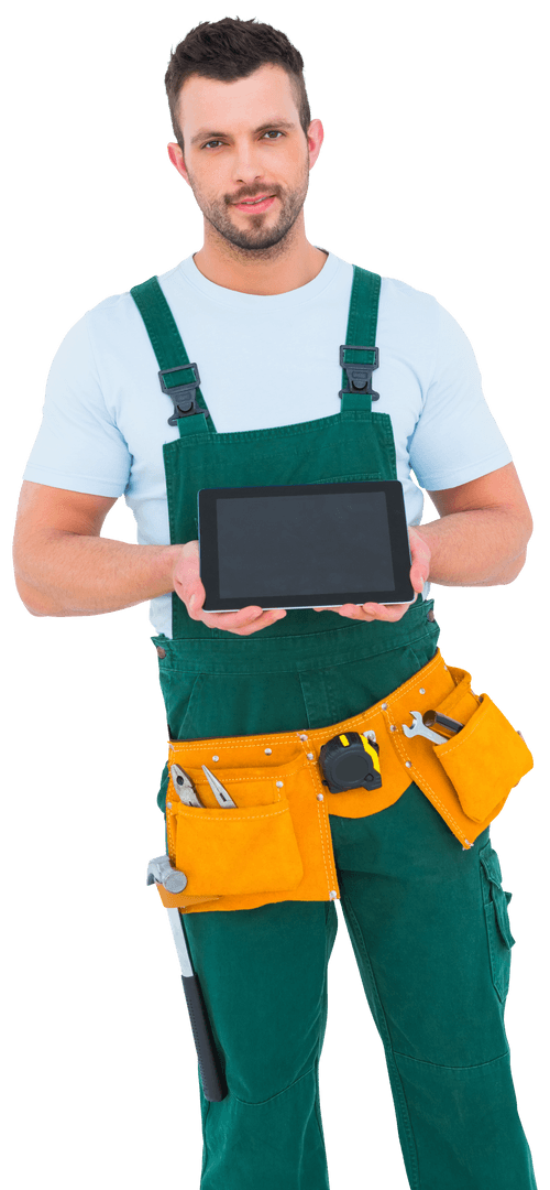 Transparent Construction Worker Displaying Tablet Device