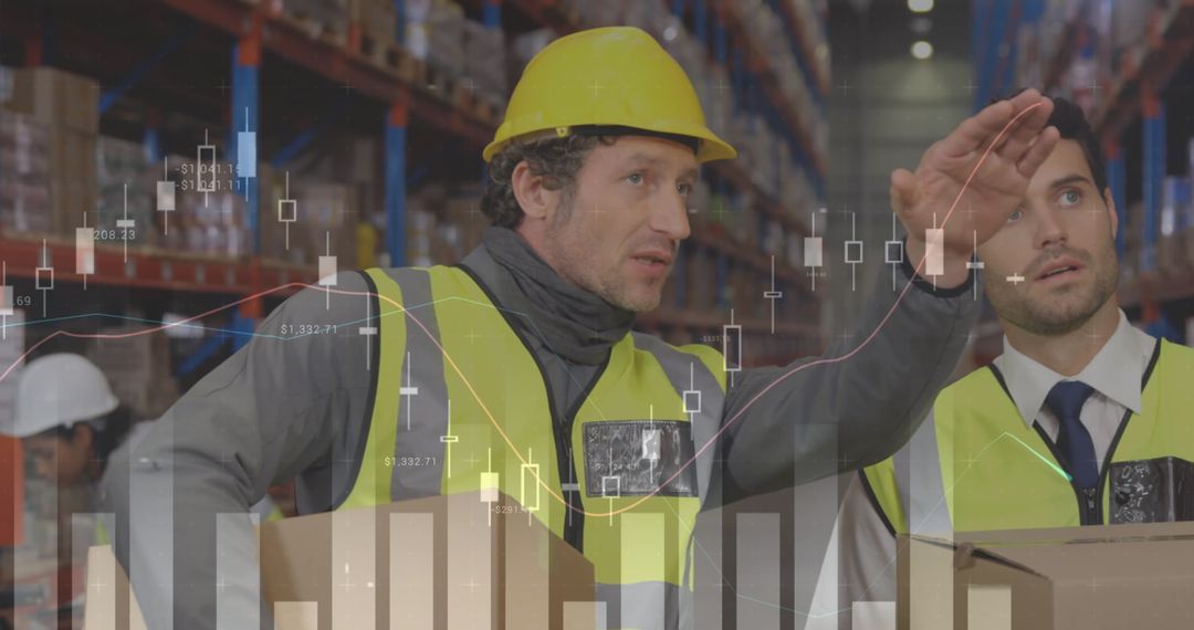 Warehouse Team Discussing Logistics with Data Overlay