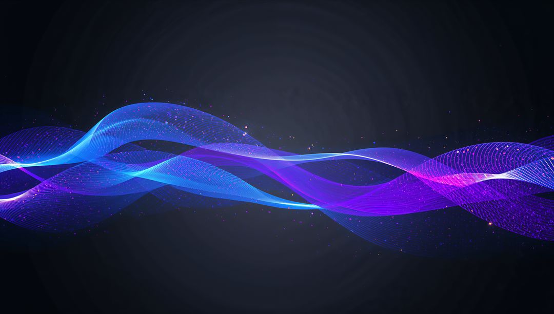 Flowing Neon Wave Ribbons Weaving Across Dark Gradient with Glowing Particles