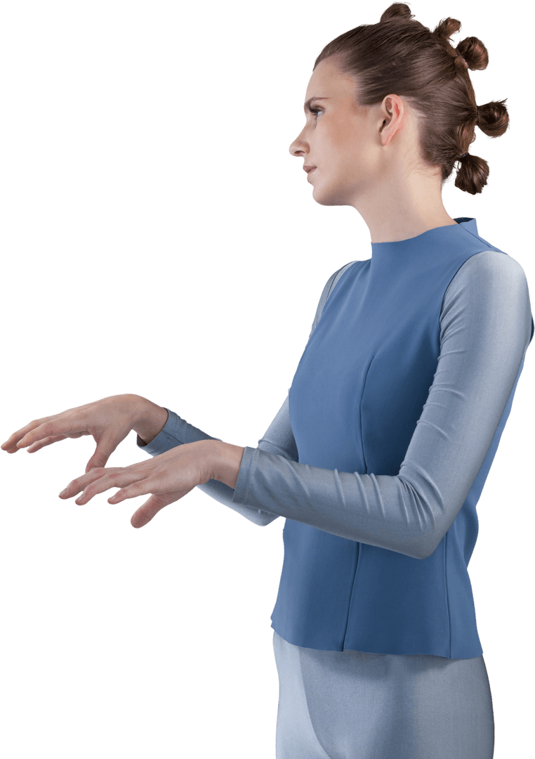 Fashionable Woman in Blue Outfit Gesturing on Transparent Background