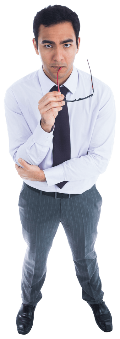 Transparent Serious Businessman Holding Glasses