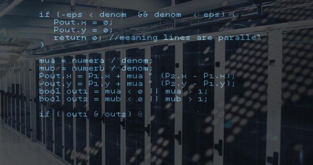 Data Code Overlay on Modern Server Room Background