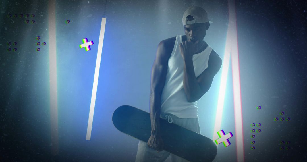 Futuristic Skater in Neon Light Vibes with Glitch Effects