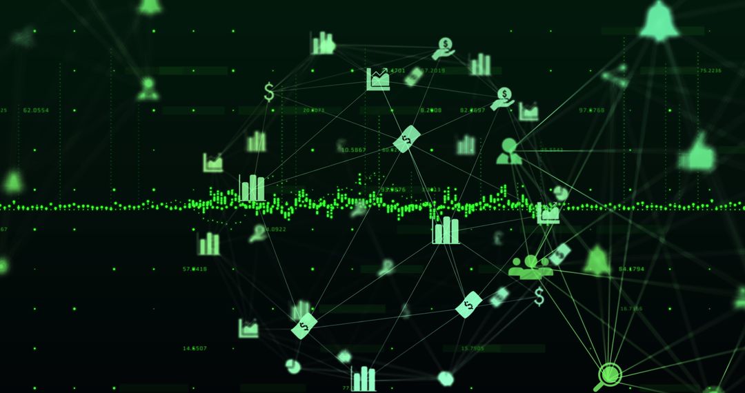 Digital Icons on Spinning Globe with Data Processing Overlay