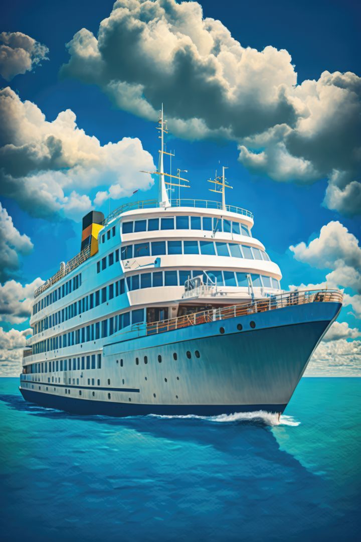 Image of white ferry on sea over blue sky and clouds, created using generative ai technology - Free Images, Stock Photos and Pictures on Pikwizard.com