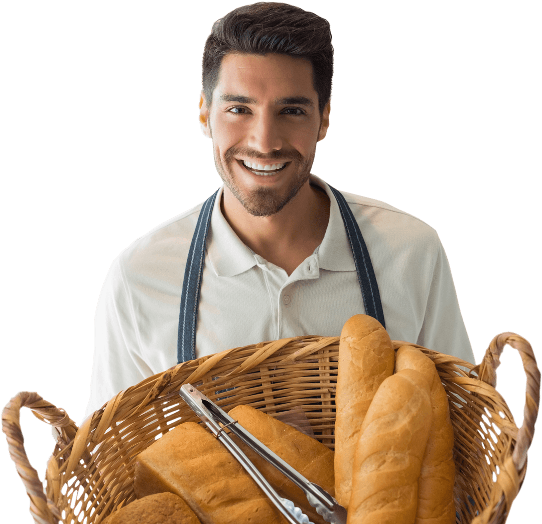 Smiling Baker Holding Bread Basket on Transparent Background