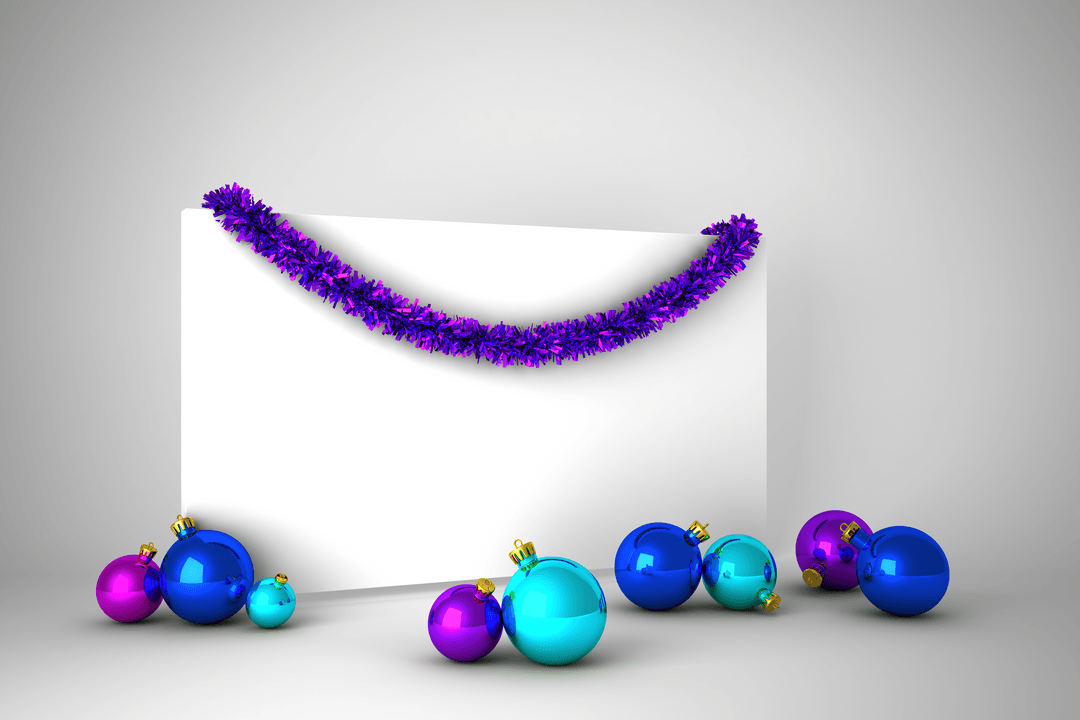 Transparent Holiday Poster with Colorful Ornaments and Tinsel