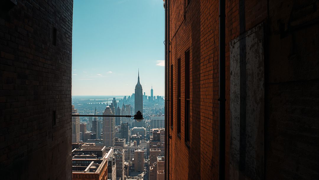 Sunlit Brick Alley Framing Empire State Building Skyline with Suspended Industrial Lamp