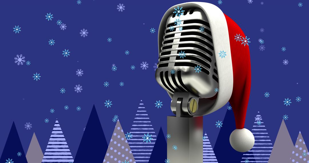Vintage Microphone with Santa Hat and Snowflakes for Winter Festivity