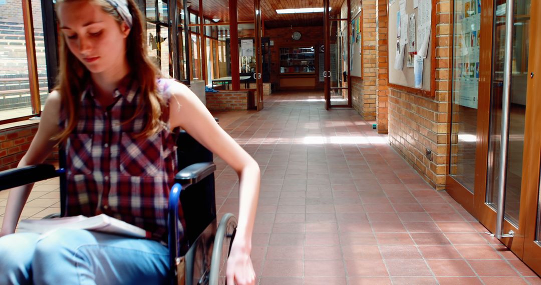 Young Woman Navigating Wheelchair in Educational Building Corridor - Free Images, Stock Photos and Pictures on Pikwizard.com