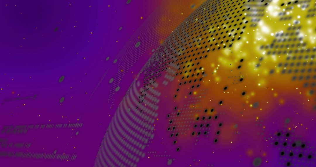 Halftone Glowing Digital Globe Radiating Golden Data Clusters over Purple-Magenta Gradient