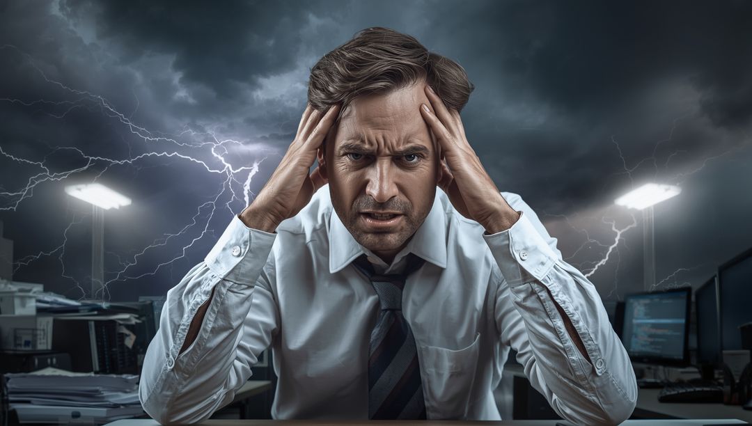 Stressed Businessman Under Stormy Sky Facing Intense Work Pressure