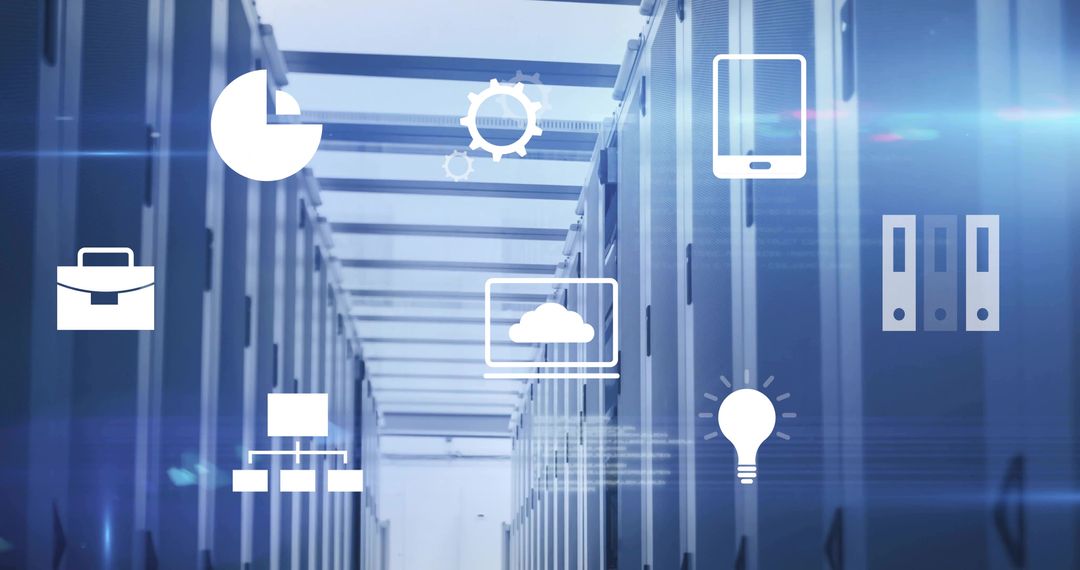 Futuristic Data Center with Transparent Technology Icons