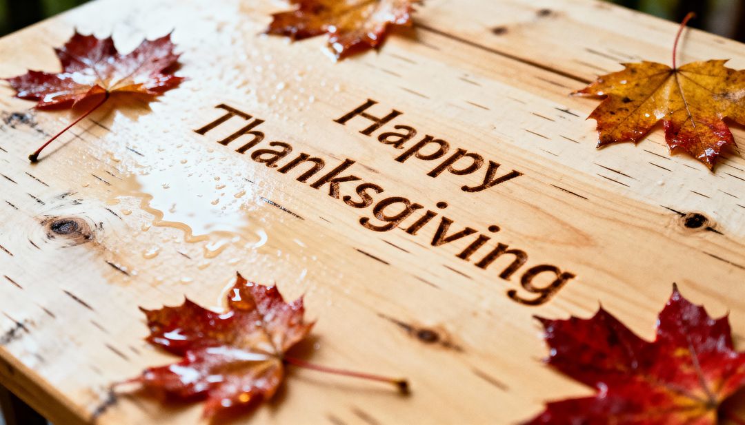 Happy Thanksgiving engraving on light wood with wet maple leaves rustic autumn decor