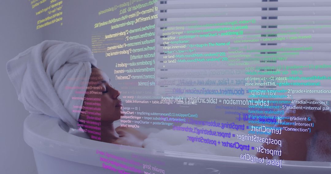 Woman Enjoying Bathtub Lined with Overlay of Vibrant Digital Code