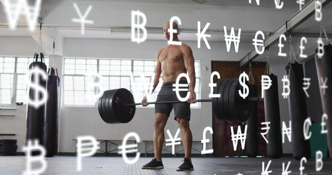Shirtless athlete deadlifting heavy barbell in gym with floating currency symbols