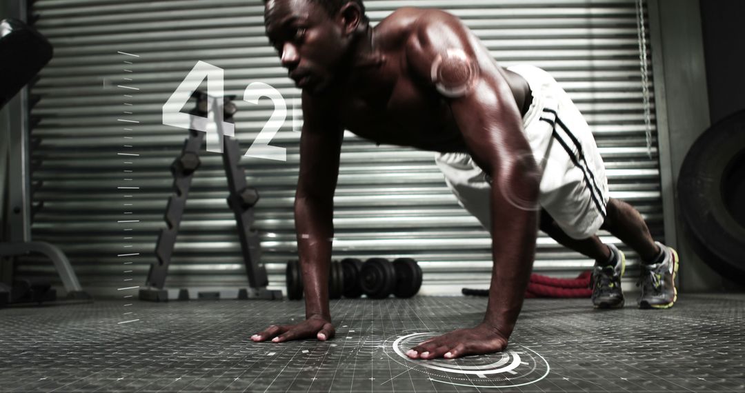 Athlete Doing Push-Ups in Gym With Digital Counter Overlay - Free Images, Stock Photos and Pictures on Pikwizard.com