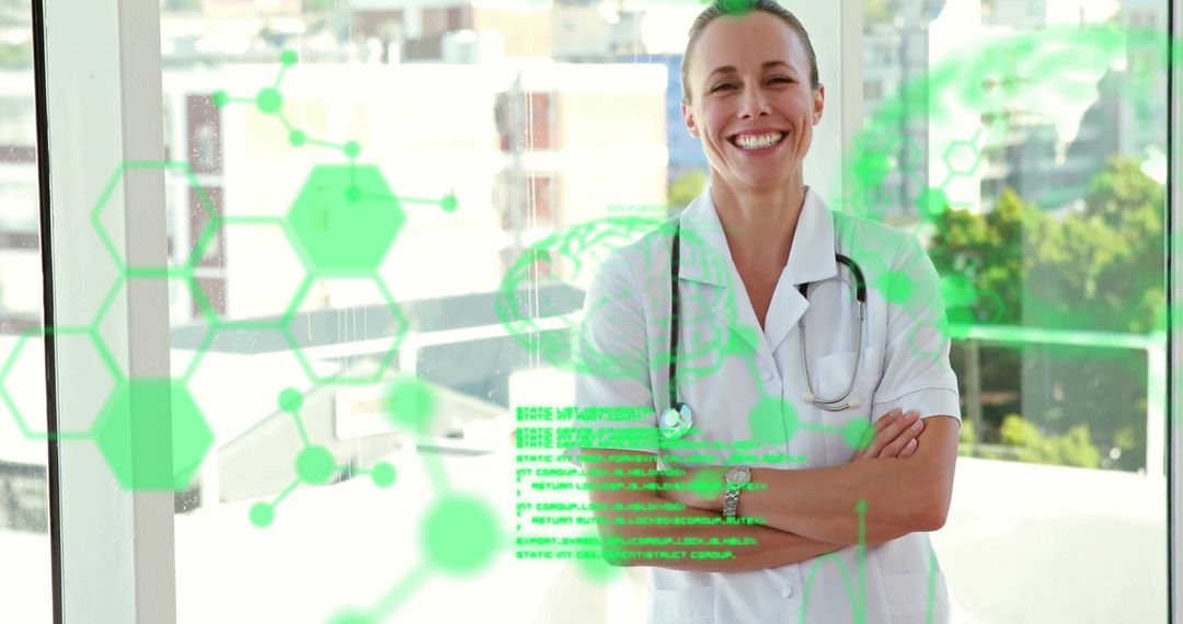 Smiling Doctor with Futuristic Data Interface Concept