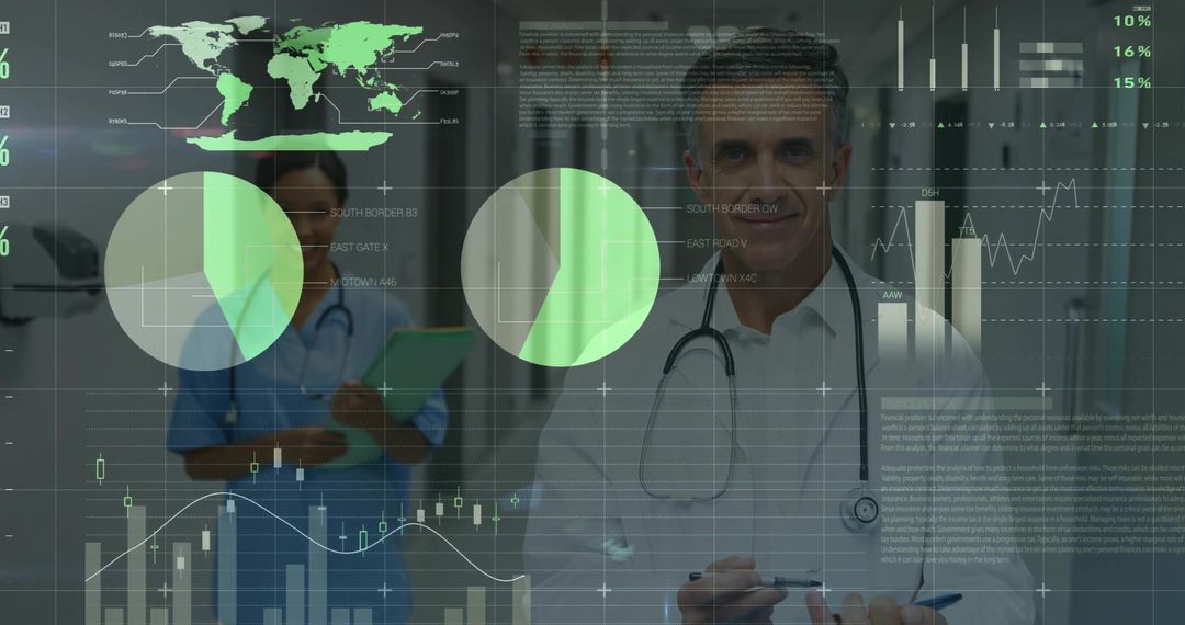 Doctor and Nurse Reviewing Digital Health Data with Charts, Graphs and World Map Overlay