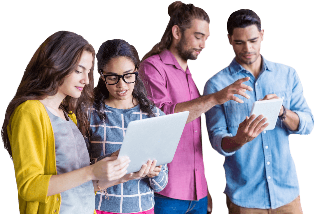 Transparent Business Team Discussing Digital Innovations on Tablet