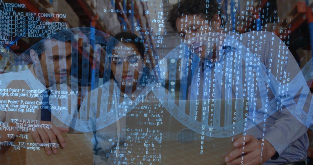 Researchers Analyzing Data with DNA Helix and Code Overlay