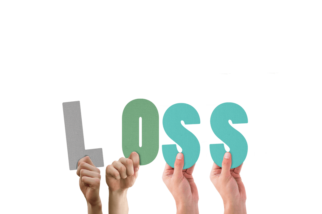 Hands Holding Colorful Letters Spelling Loss on Transparent Background