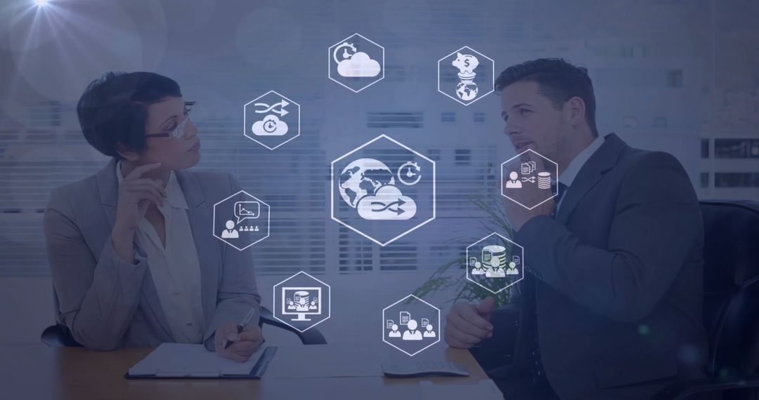 Colleagues Discussing Innovative Business Solutions with Digital Overlays