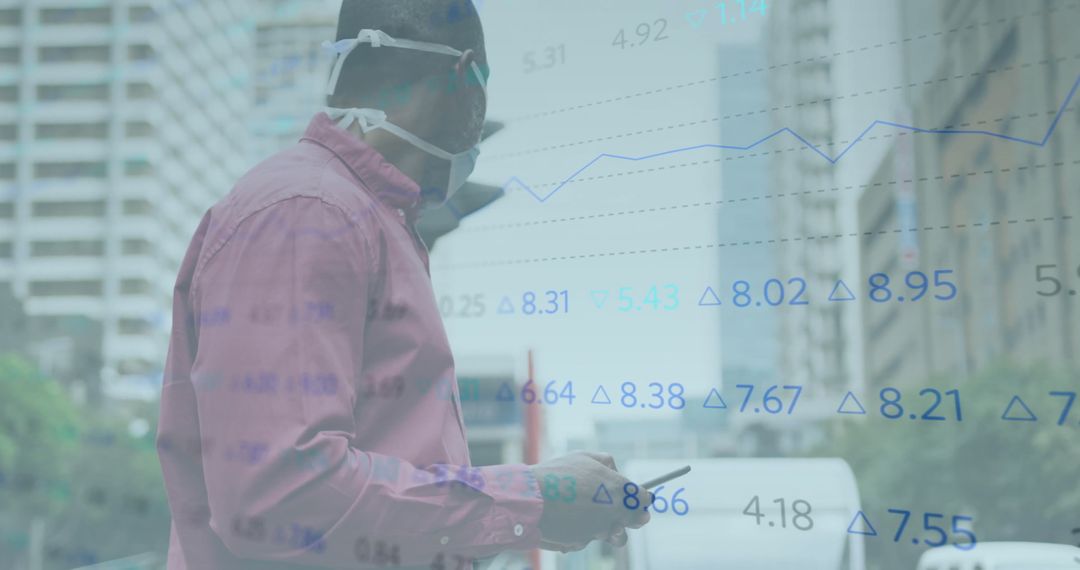 Digital Finance Overlay on Man with Mask Using Smartphone