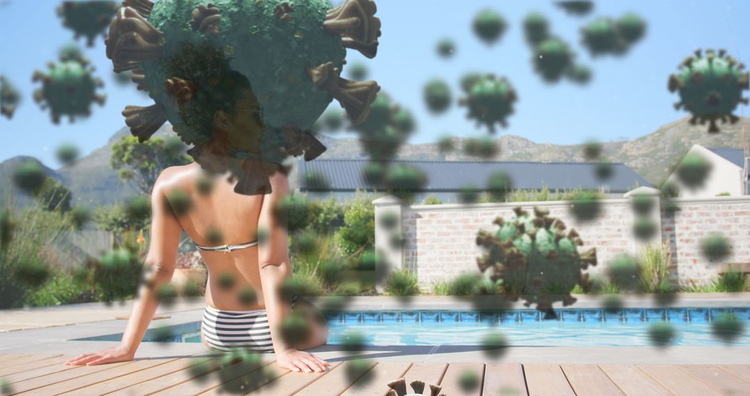Woman at Pool with Floating Virus Particles Picturing Safety Concerns