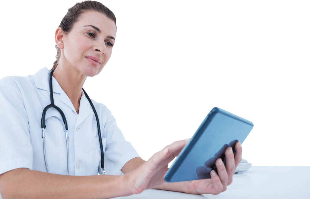Confident Female Doctor Using Transparent Digital Tablet at Desk