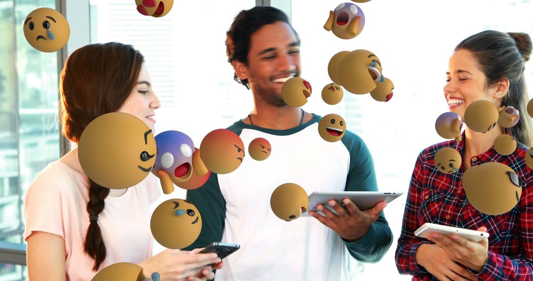 Friends Enjoying Social Media Interaction with Laughter and Emojis