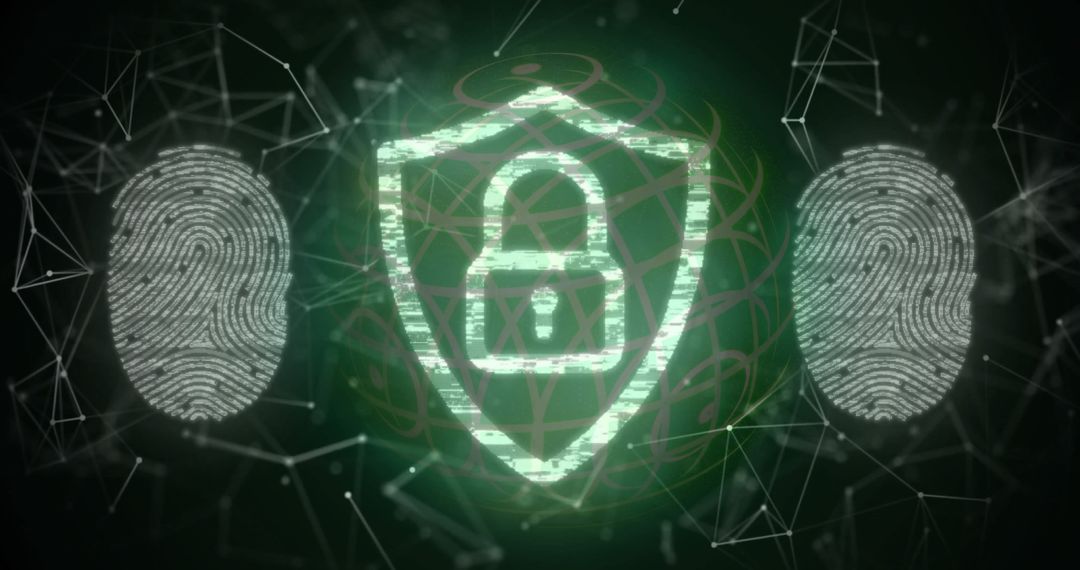 Glowing Shield with Fingerprint Scans in Cybersecurity Network