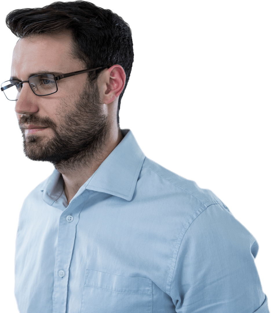 Bearded Man with Spectacles Looking Away on Transparent Background