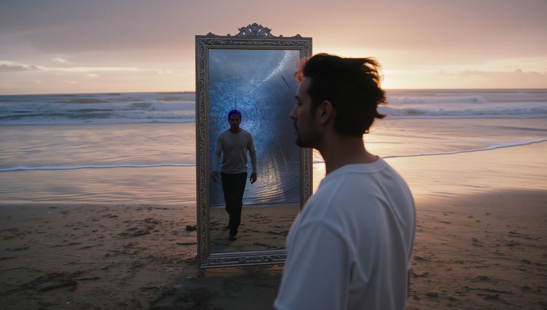 Man Gazing into Mystical Mirror at Sunset Beach