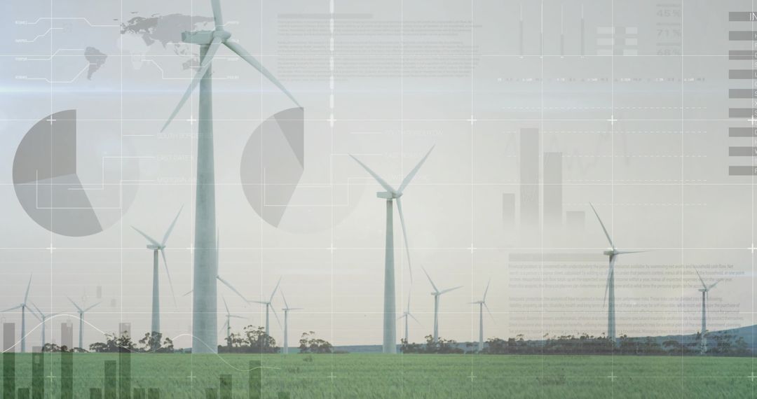 Wind Turbines in Rural Wind Farm with Data Visualization Overlay