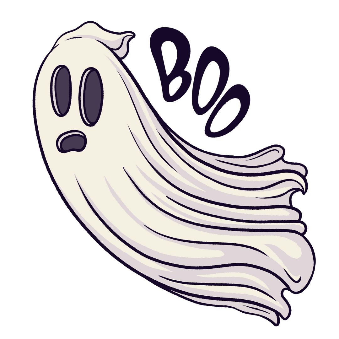 Playful Ghost with 'Boo' Lettering on Transparent Background