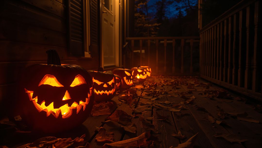 Glowing Jack-O'-Lanterns on Rustic Porch with Autumn Leaves