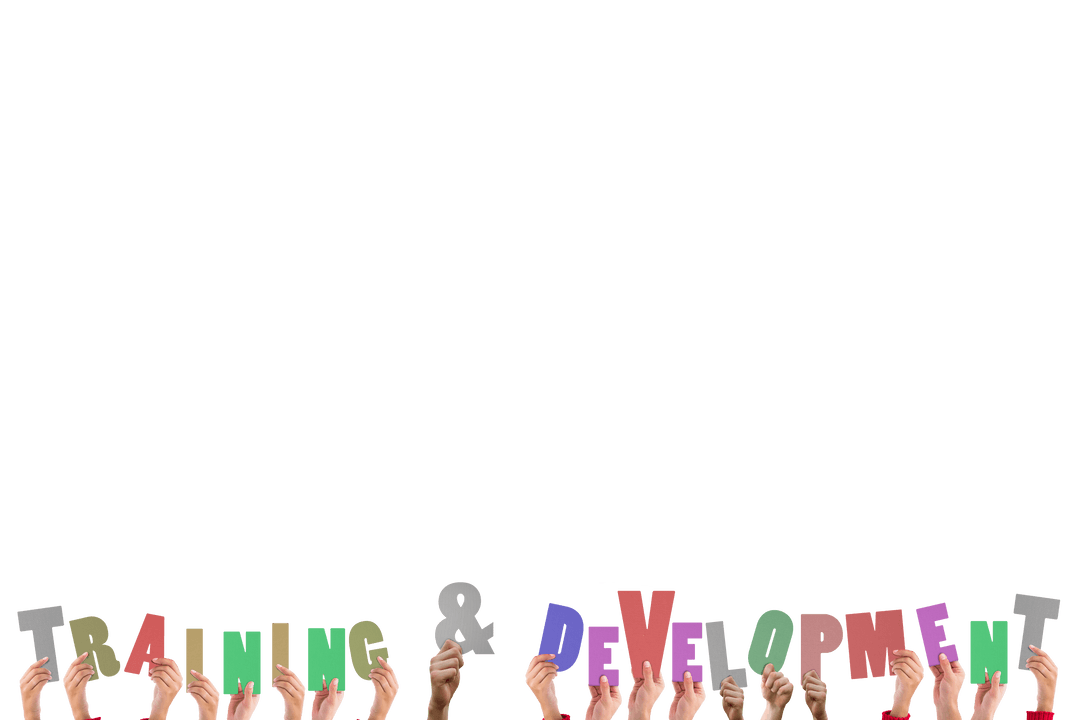 Diverse Hands Presenting Training and Development Text Transparent