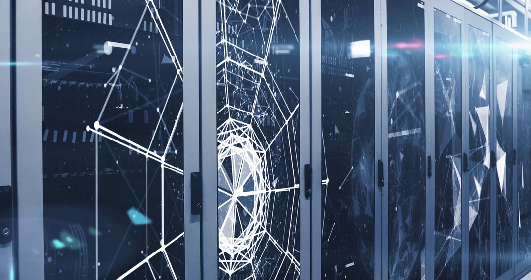 Modern Server Room with Digital Interface Overlay