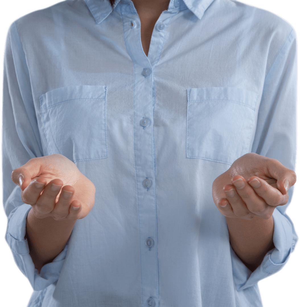 Woman Holding Invisible Object in Transparent Gesture
