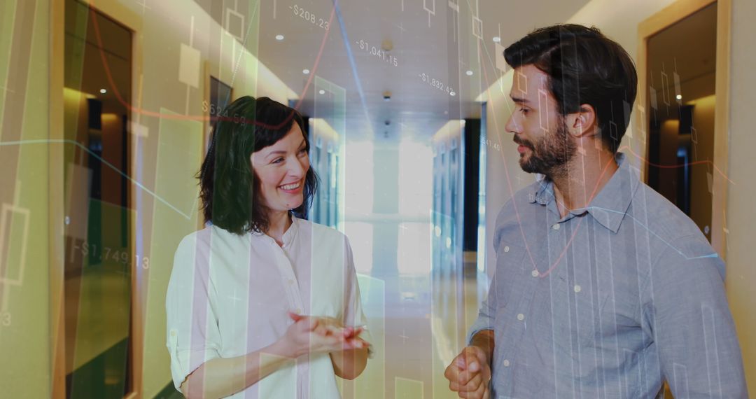 Coworkers Discussing in Office with Financial Data Overlay